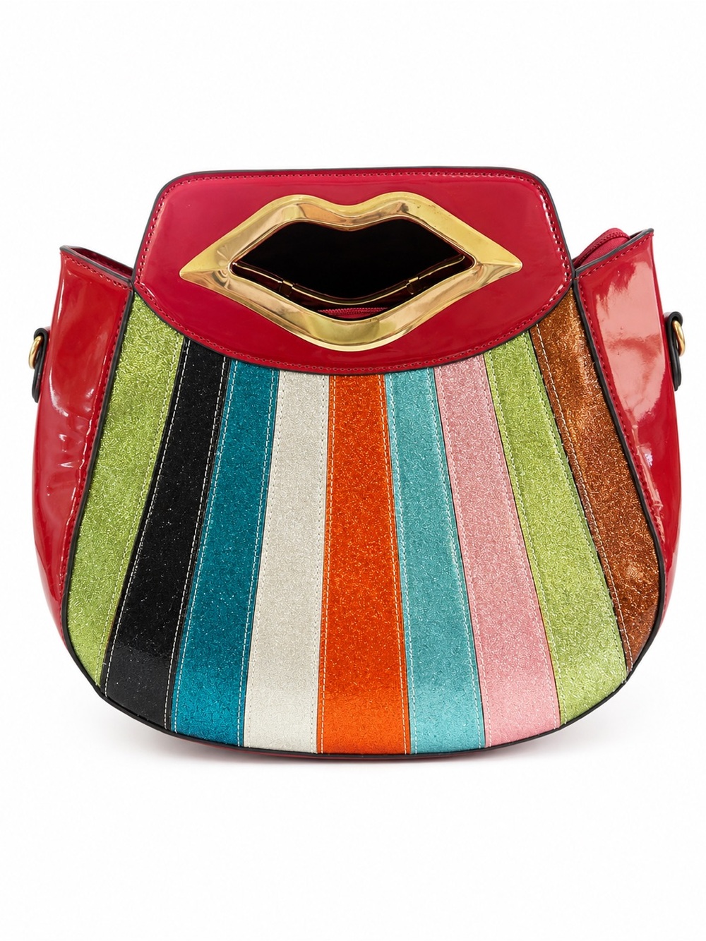 Vintage Colorful Lip Handle Shoulder Bag Multicolor Glitter Stripe Patent - Picture 1 of 8